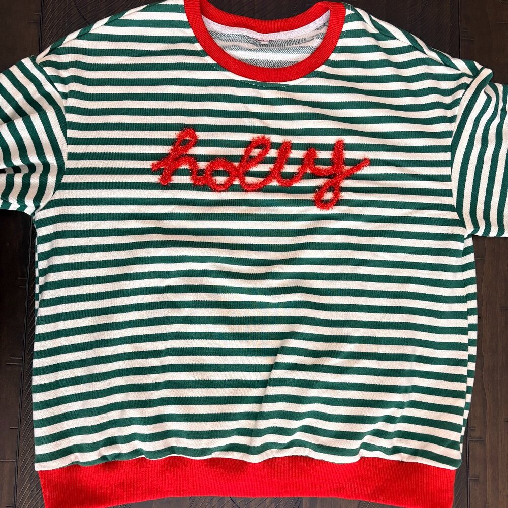 Christmas Sweatshirt Green Red Glitter Holly Women's Petite
